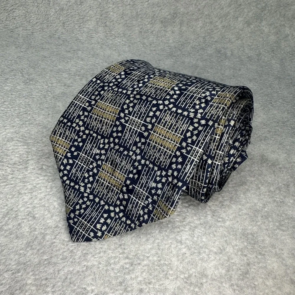 Oleg Cassini Tie Mens‎ One Size Navy Gold Geometric Italian Fabric Made in USA